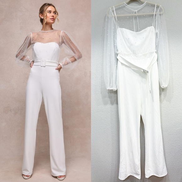 Lulus Pants - NWOT Lulus Lavish Darling White Mesh Pearl Belted Wide-Leg Jumpsuit